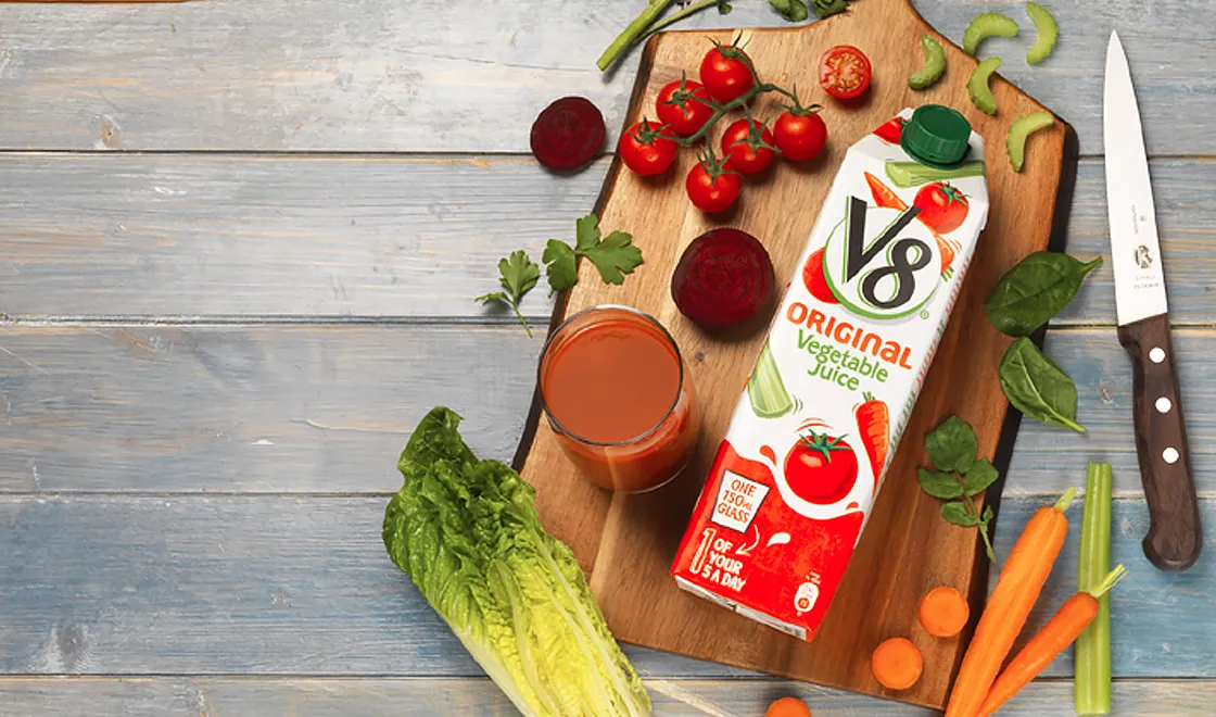 Lifestyle V8 juice with ingredients