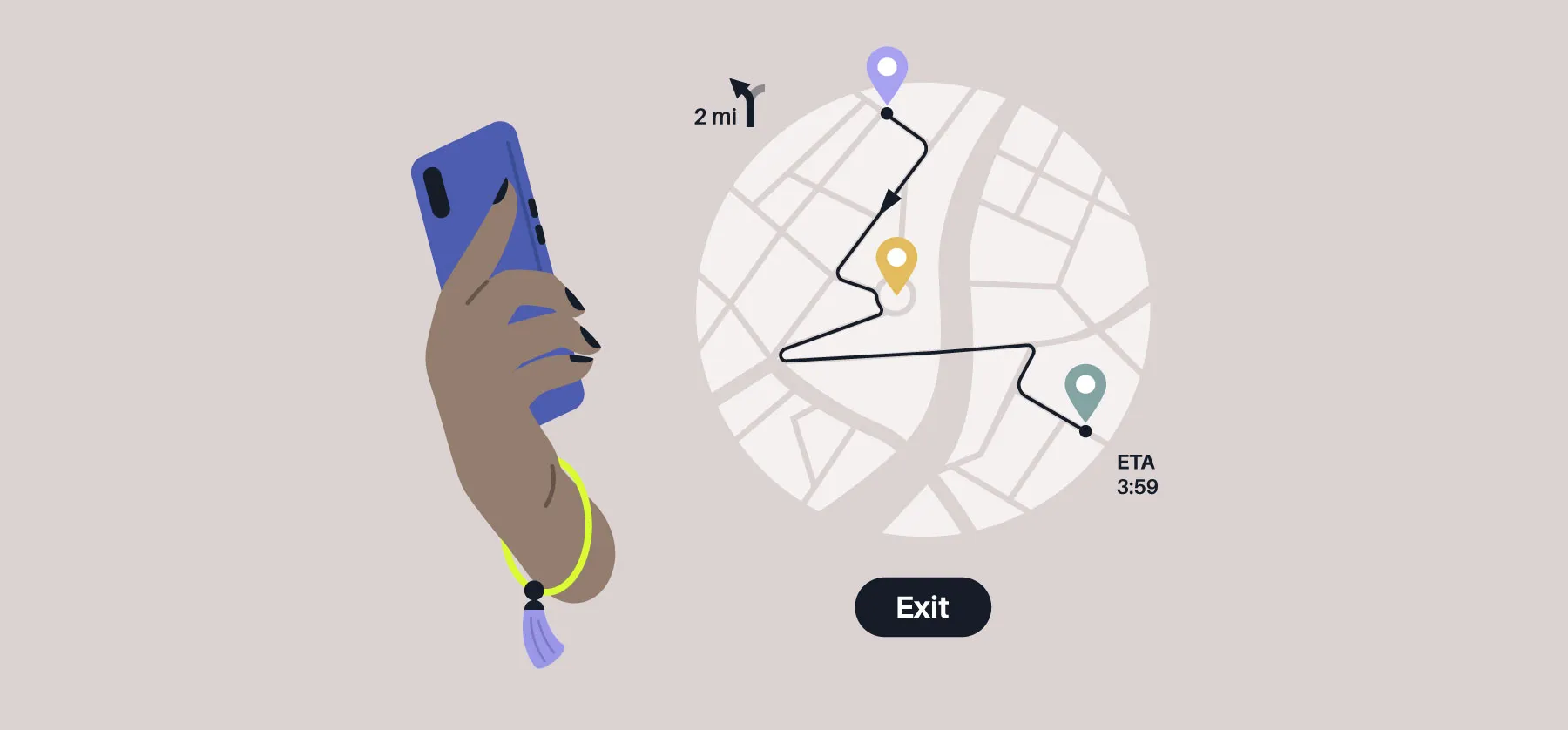 illustration of a hand browsing for direction on a map app