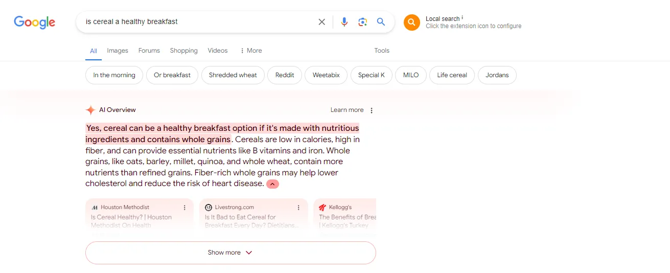 Screenshot showing the SGE result for a search on "is cereal a healthy breakfast"